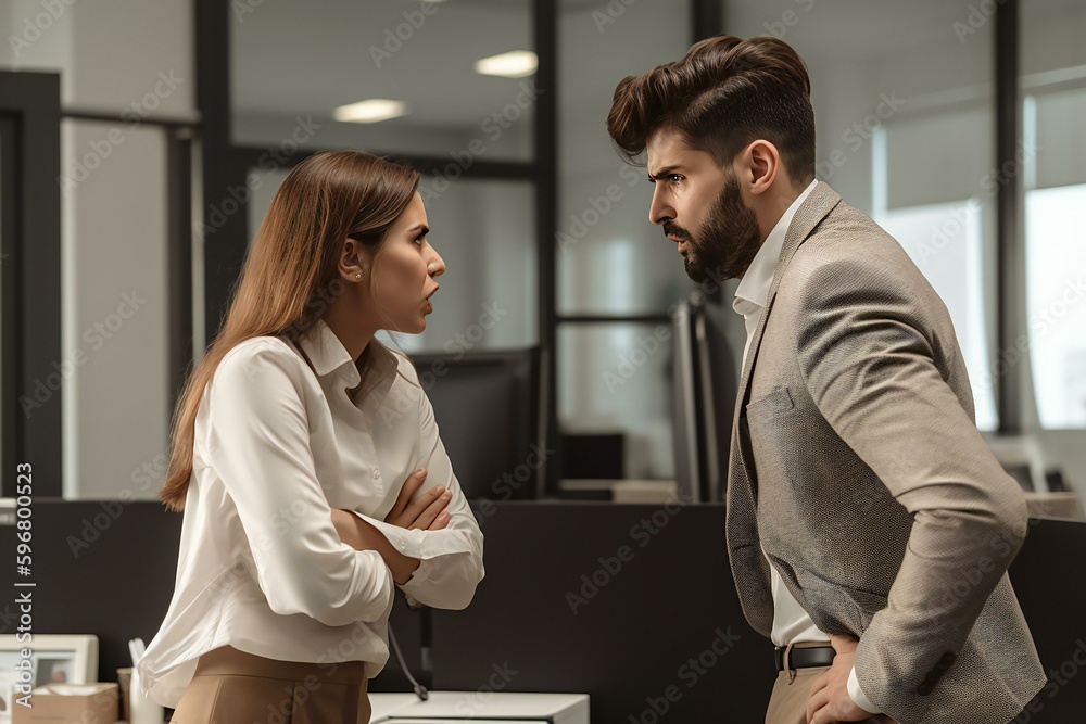 Obraz premium Businesspeople Colleagues men and women arguing in the office. Disagreement conflict in the office. Generative AI