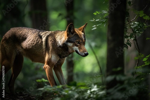 AI Generative.  Unleash Your Inner Hunter - Explore the Vibrant Forests of Southeastern United States with Red Wolves  