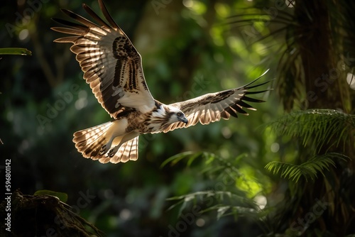 AI Generative - Flight of Majesty: Philippine Eagle Swoops Above Rainforest photo