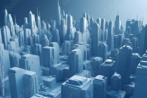 3d illustration  3d style. Futuristic city. Blue background. Metaverse. Digital world. Online Realty in Virtual City. Real Estate Market in Metaverse. Generative Ai.