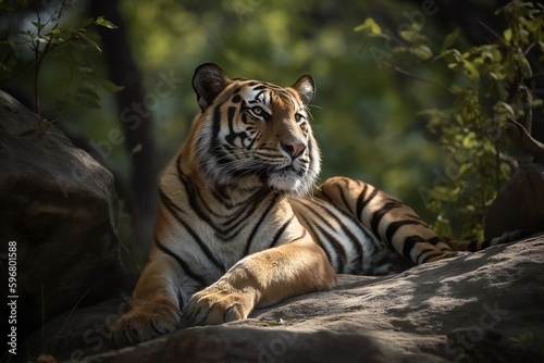 AI Generative - Regal Rest Endangered Tiger Basks in Warm Sunlight