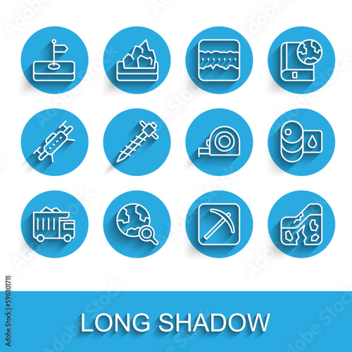 Set line Mining dump truck, Magnifying glass with globe, Flag, Pickaxe, Geological fault, Construction jackhammer, Barrel oil and Roulette construction icon. Vector