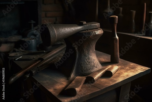 Old blacksmith tools: sturdy anvil and hammer made of durable metal. Generative AI