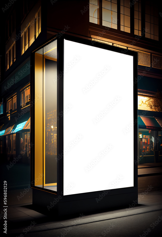 Mock-up of blank billboard at store street showcase window in a city at night. Generative ai Mock-up of blank billboard at store street showcase window in a city at night. Generative ai