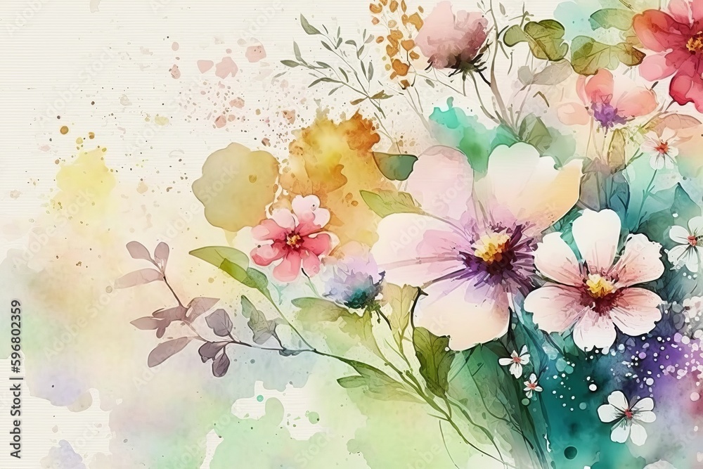 Watercolor colorful Flowers Background, Generative AI.