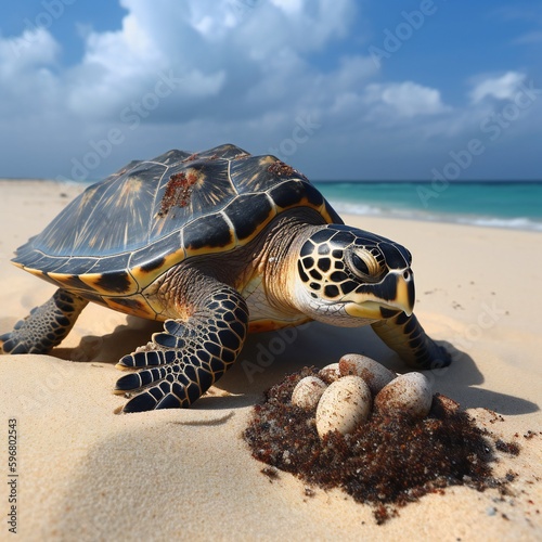 AI Generative - Be awed by the miracle of life as a hawksbill turtle lays eggs on a tropical beach.
