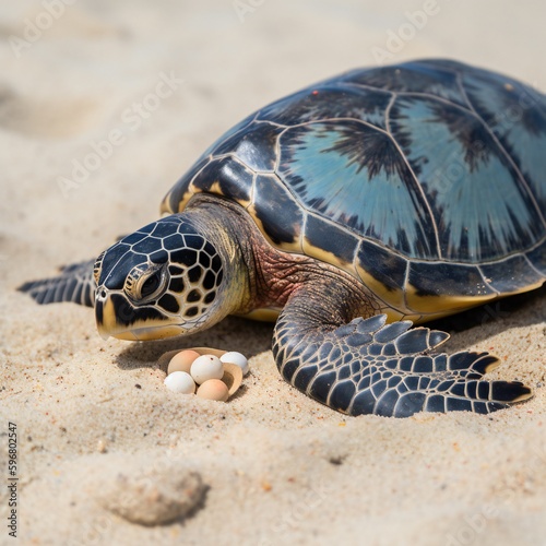 AI Generative - Rare Moment Hawksbill Turtle Lays Eggs on Beach