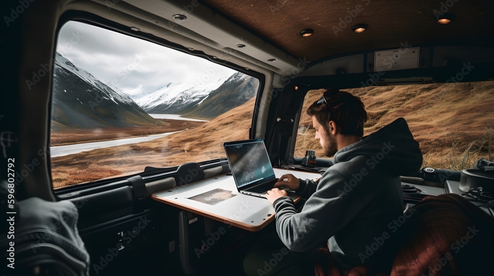 Fototapeta premium A digital nomad working on a laptop from the comfort of a cozy camper van parked in a scenic mountain landscape. Generative Ai.