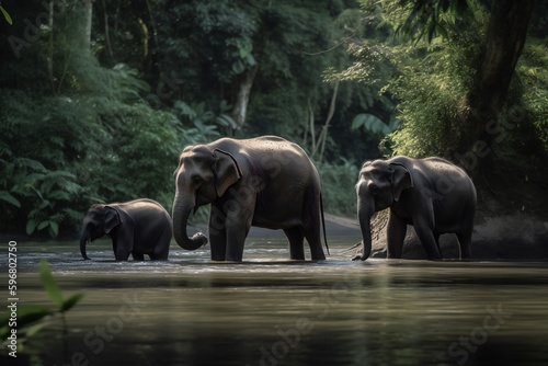 AI Generative - Wild Wonder Sumatran Elephant Family Takes a Dip in a River