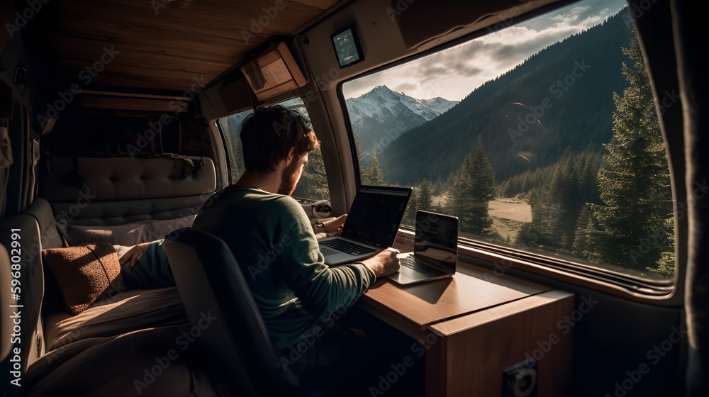 Fototapeta premium A digital nomad working on a laptop from the comfort of a cozy camper van parked in a scenic mountain landscape. Generative Ai.