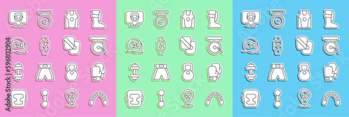 Set line Mouth guard boxer, Boxing glove, gong, jersey and t-shirt, Smart watch with heart, helmet and training paws icon. Vector