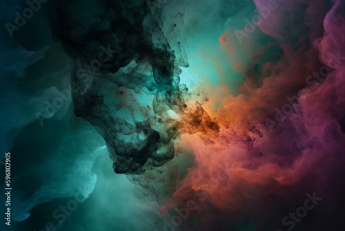 A wide view of the universe with colorful gas clouds and swirling galaxy. Generative AI