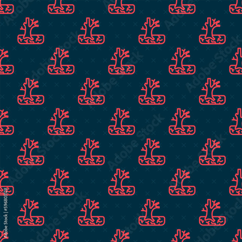 Red line Withered tree icon isolated seamless pattern on black background. Bare tree. Dead tree silhouette. Vector