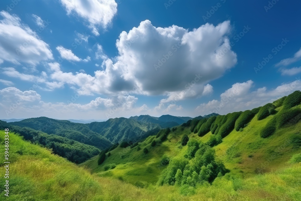 Naklejka premium Cloudy blue sky and green hill mountains are beautiful places. Generative Ai
