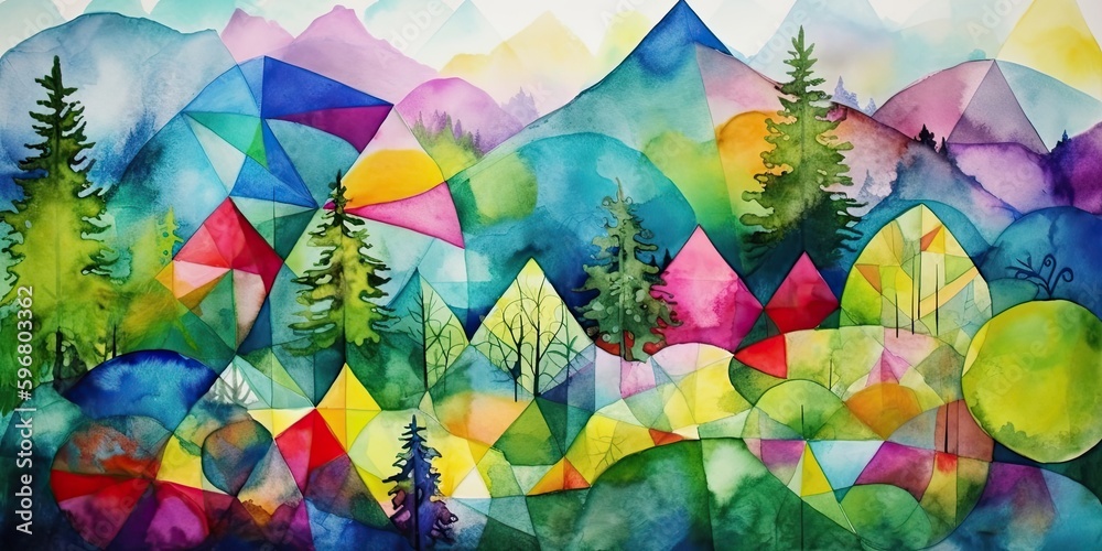 Moutain forest landscape, watercolor painting, generative ai
