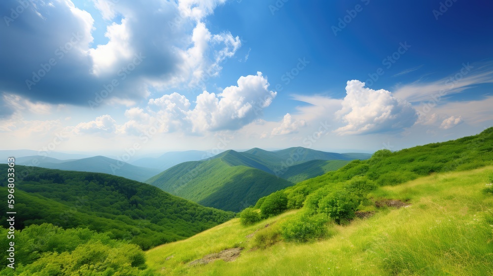 Cloudy blue sky and green hill mountains are beautiful places. Generative Ai