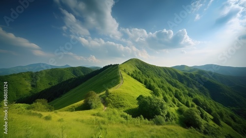 Cloudy blue sky and green hill mountains are beautiful places. Generative Ai