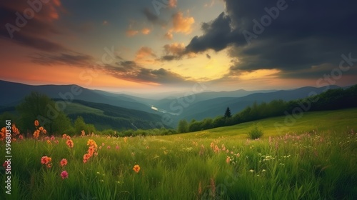 Sky sunset and green hill mountains with beautiful flowers meadow are wonderful places. Generative Ai