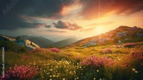 Sky sunset and green hill mountains with beautiful flowers meadow are wonderful places. Generative Ai © Areerat