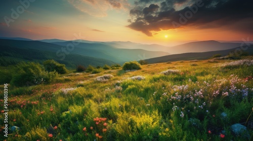 Sky sunset and green hill mountains with beautiful flowers meadow are wonderful places. Generative Ai