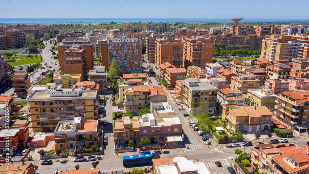 Aerial view of the town of Pomezia, in the Metropolitan City of Rome, Italy. It is a residential area near the big city.