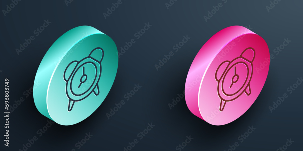 Isometric line Alarm clock icon isolated on black background. Wake up, get up concept. Time sign. Turquoise and pink circle button. Vector Isometric line Alarm clock icon isolated on black background. Wake up, get up concept. Time sign. Turquoise and pink circle button. Vector