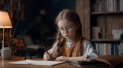 Caucasian kid studying at home and doing her homework. Distance or remote learning for child. Pretty stylish schoolgirl studying.