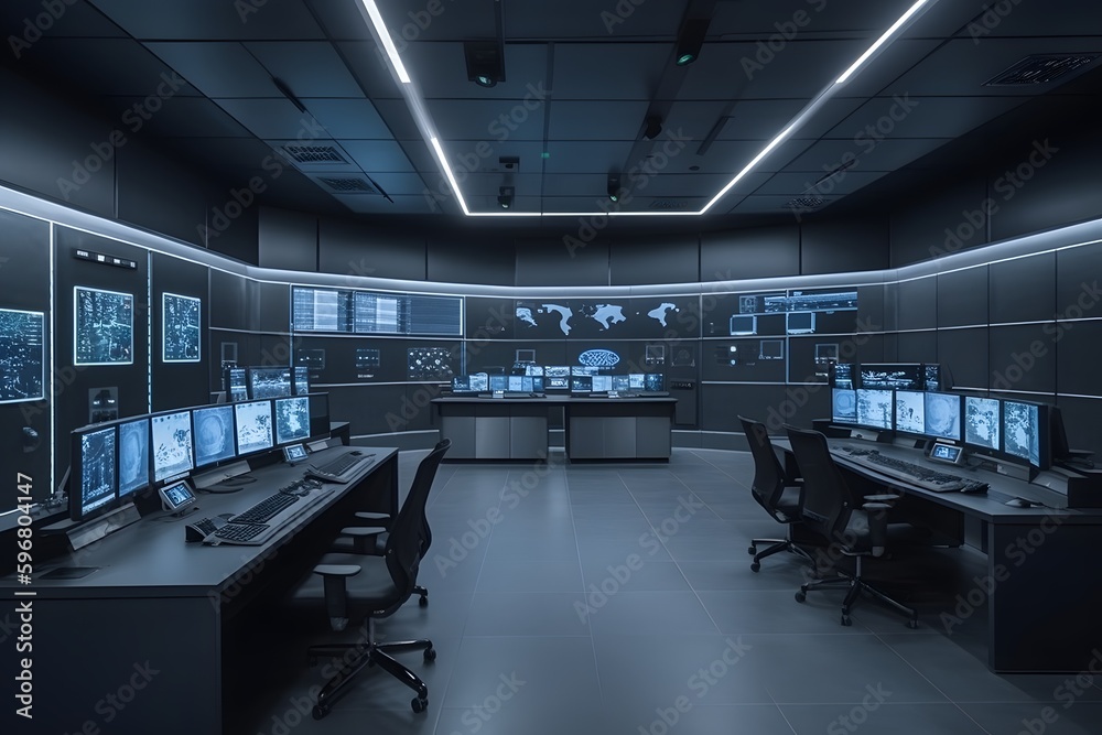 Empty interior of big modern security system control room, workstation with multiple displays, monitoring room with at security data center Empty office, desk, and chairs. Generative Ai. Empty interior of big modern security system control room, workstation with multiple displays, monitoring room with at security data center Empty office, desk, and chairs. Generative Ai.