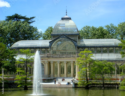 Beautiful view of the crystal palace on a summer day. Close-up. Madrid. Spain.