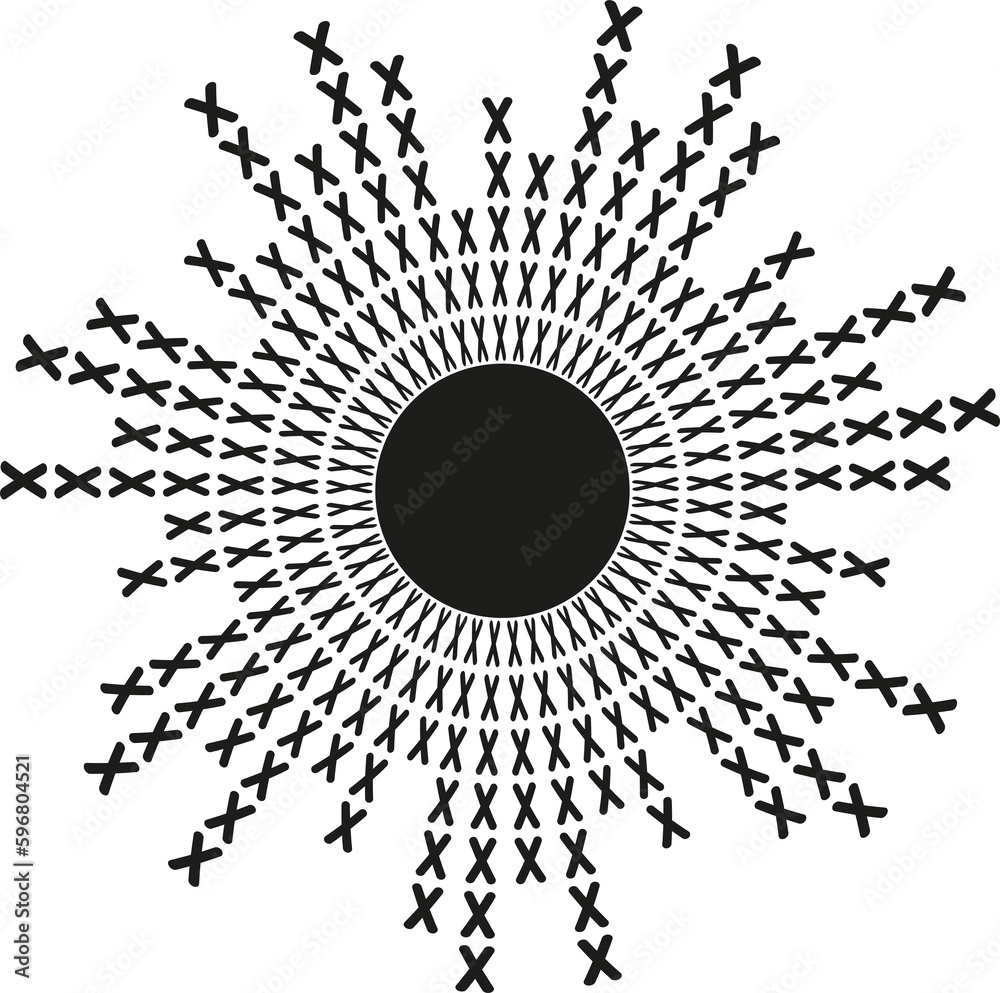 Knit bursting sun rays. Fireworks. Black line sun, moon, star illustration Doodle design element