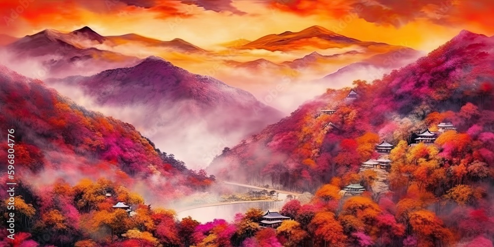 Fototapeta premium sunset in the mountains, watercolor painting, generative ai