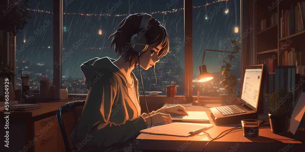 Cool Lofi Girl studying at her desk. Rainy or cloudy outside, beautiful  chill, atmospheric wallpaper. 4K streaming background. lo-fi, hip-hop  style. Anime manga style. Generative ai. Stock Illustration | Adobe Stock