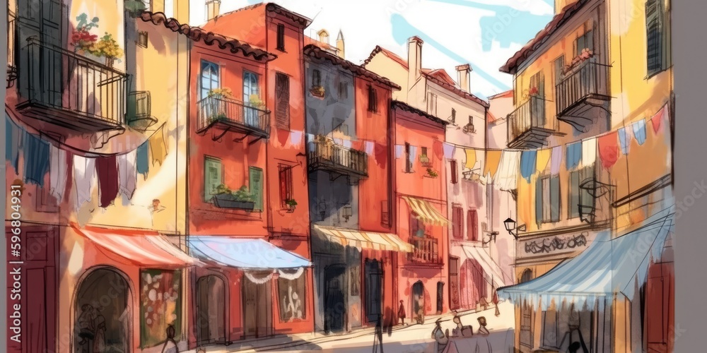 Colorful houses in narrow street, watercolor painting, generative ai