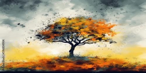 autumn tree in the park, watercolor painting, generative ai