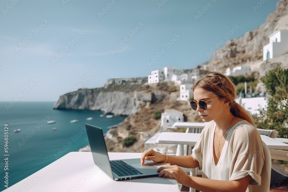 Millennial female, travel blogger and digital nomad, working from a hotel in Greece. Computer and smartphone on a table, background with beautiful view. Generative Ai.