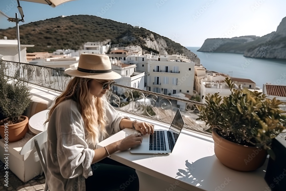 Millennial female, travel blogger and digital nomad, working from a hotel in Greece. Computer and smartphone on a table, background with beautiful view. Generative Ai.