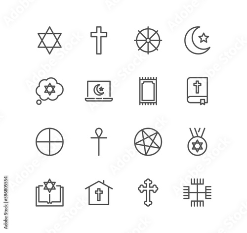 Set of religion symbols related icons, prayer, temples, divine book, church, star, ritual and linear variety vectors.