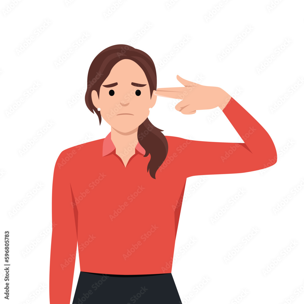 Frustrated woman puts fingers to temple imitating gun to commit suicide. Depressed young girl wishes to shoot herself after failing to get college or university education. Frustrated woman puts fingers to temple imitating gun to commit suicide. Depressed young girl wishes to shoot herself after failing to get college or university education.