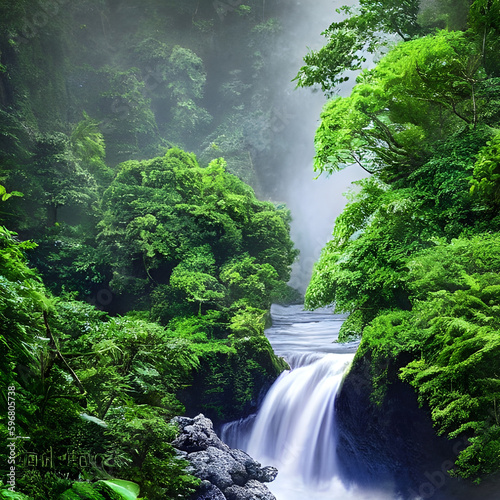 The picture depicts a lush green jungle, teeming with life and energy. Towering trees reach up towards the sky, their branches entwined with vines and foliage.  photo