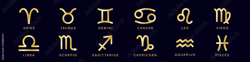 Zodiac golden signs set. Cancer and taurus constellations yellow ...