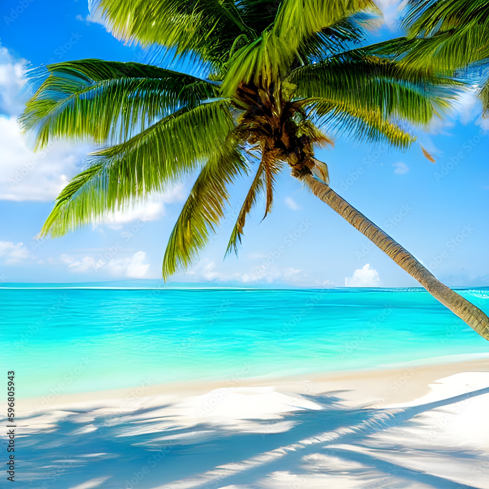 In the foreground of the picture, there is a tall palm tree, its leaves swaying gently in the tropical breeze. Beyond it, stretches a pristine white beach that is lapped by crystal-clear turquoise sea