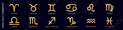 Zodiac golden signs set. Cancer and taurus constellations yellow symbols with esoteric scorpio and astrological aquarius with pisces vector pictogram
