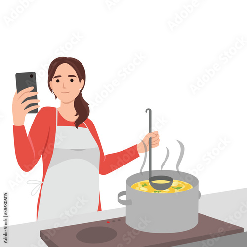 woman cooking soup at kitchen with online recipe on cellphone. Smiling modern mother preparing food using cookbook or application on mobile. Flat vector