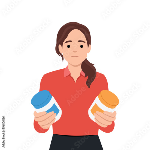 Young woman holds in her hands jars of vitamins, dietary supplements, bablets, medicines and thinks, decides what to choose. Character on the topic of health and maintenance of the body