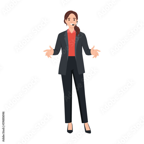 Business coach woman with public speaking headset leads training giving tips for success and self-confidence. Girl leading corporate business training and coaching motivating company employees