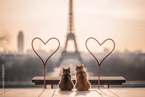 Romantic cats in front of Paris City Eiffel Tower, generative ai