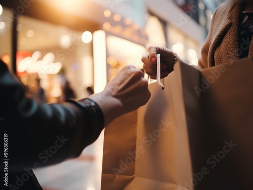 A person's hand holding a shopping bag with a blurred mall or shopping center background.