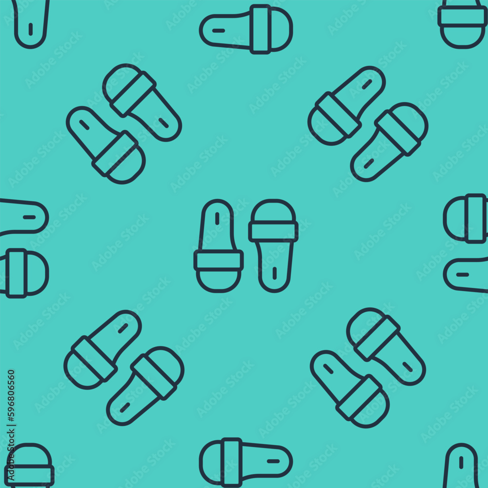 Black line Sauna slippers icon isolated seamless pattern on green background. Vector