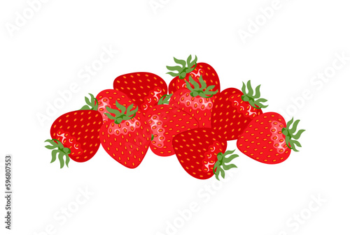 Ripe strawberry isolated on white background. Heap of fresh red berries. Vector cartoon flat illustration. 