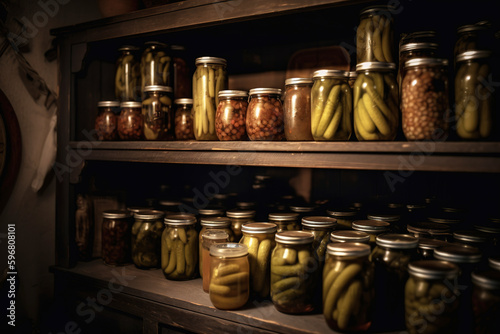 jars of canned vegetables are on a shelf in the pantry- AI